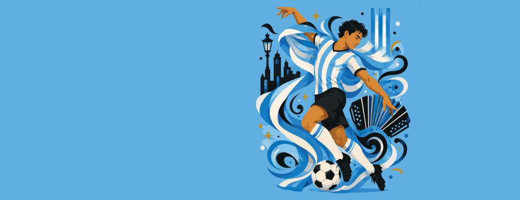 Argentina soccer player dancing tango with bandoneon vector illu